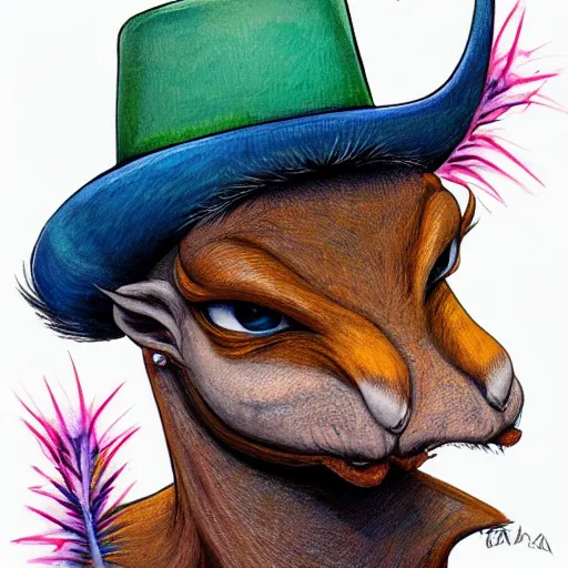 Prompt: a dik dik monster with tattoos, wearing a fedora, tattoos, colorful, digital art, fantasy, magic, trending on artstation, ultra detailed, professional illustration by basil gogos