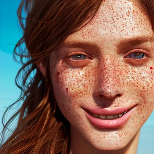 Prompt: portrait of a cute thin young woman, bronze brown hair, eye color is emerald green, red blush, a few freckles, smug smile, modern clothes, relaxing on the beach, golden hour, close up shot, 8 k, art by irakli nadar, hyperrealism, hyperdetailed, ultra realistic