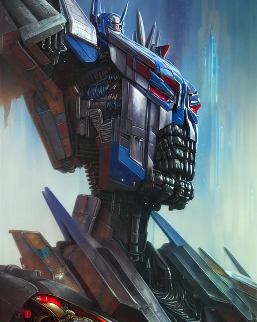 Image similar to optimus prime fantasy character portrait, ultra realistic, wide angle, intricate details, blade runner artifacts, highly detailed by peter mohrbacher, boris vallejo, hajime sorayama aaron horkey, gaston bussiere, craig mullins