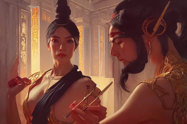 Image similar to temple, taoism, painting by greg rutkowski, j. c. leyendecker, artgerm, tom of finland