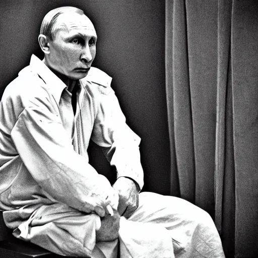 Image similar to a very sad and old wrinkled vladimir putin ( ( in prison clothes sitting on prison bench in prison ) ). detailed professional 3 5 mm black and white photo by don mccullin and anders petersen world press photo award