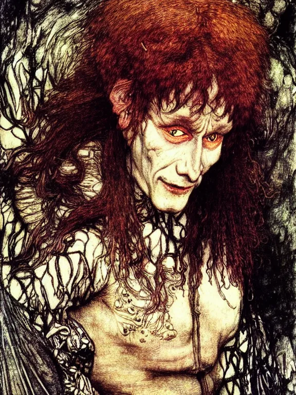 Prompt: Evil goblin. Extremely high detail, details, realistic, masterpiece, colorful. Portrait painting by Arthur Rackham, Muzinabu, Johann Tischbein, Eugene de Blaas, Frederic Leighton, Harry Clarke