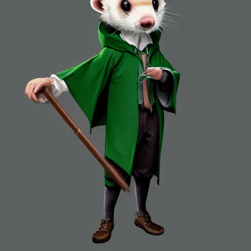 Image similar to a anthropomorphic ferret is dressed as a hogwarts student in slytherin robes, hyperdetailed, artstation, cgsociety, 8 k