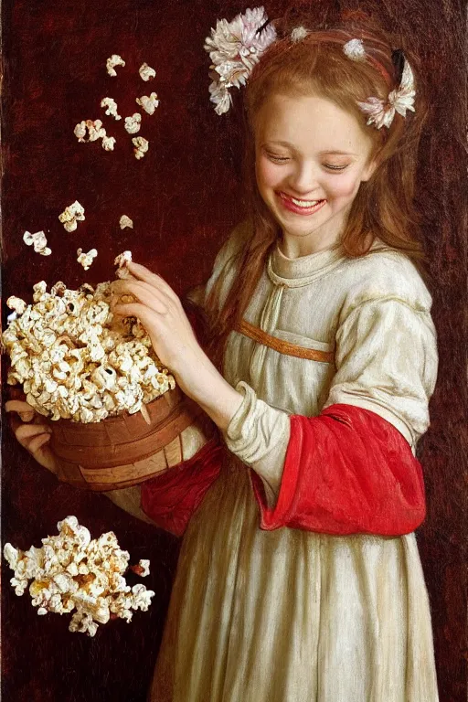 Prompt: portrait ancient of a happy girl, lots of flowers and popcorn around, hyperrealistic, medieval style