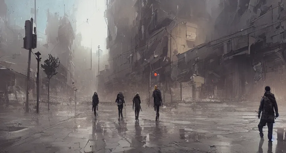 Image similar to a couple of people walking through a dirty city, a detailed matte painting by Ismail Inceoglu, cgsociety contest winner, remodernism, matte painting, apocalypse landscape, concept art