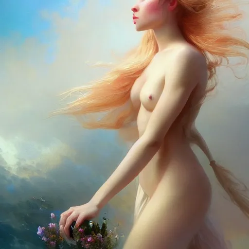 Prompt: epic portrait an beautiful goddess with long blonde flowing hair full off flowers, sweaty skin, glossy lips, beautiful, broad light, ambient occlusion, volumetric light effect, made by ivan aivazovsky, peter mohrbacher, greg rutkowski, matte painting, trending on artstation, 4 k, perfectly defined features, digital painting,