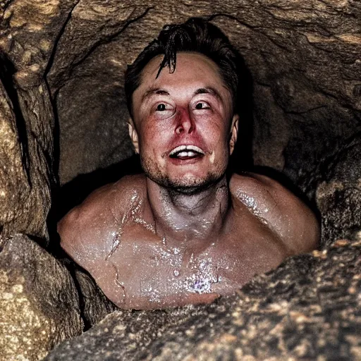 Prompt: photo inside a cavern of a wet reptilian humanoid rapper elon musk partially hidden behind a rock with black eyes open mouth and big teeth