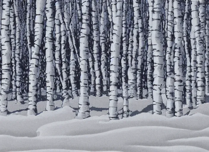 Prompt: stark minimalist rocky snowdrift birch landscape background from calvin and hobbes by bill watterson