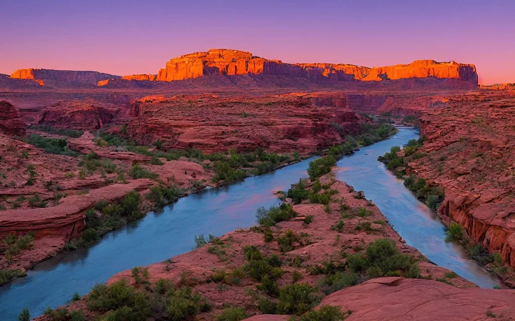 Image similar to “a river bend running through a canyon surrounded by desert mountains at sunset, moab, utah, a tilt shift photo by Frederic Church, trending on unsplash, hudson river school, photo taken with provia, national geographic photo”