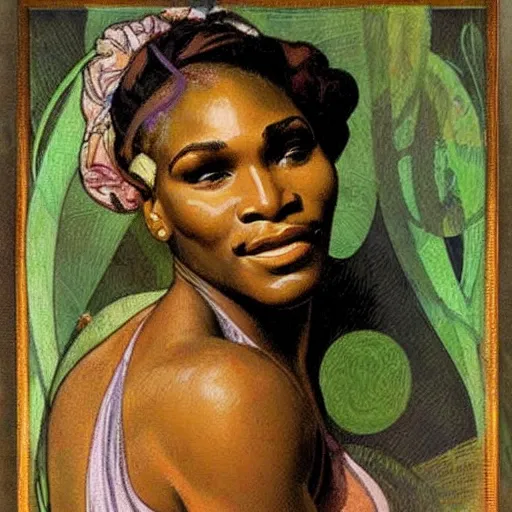 Prompt: Portrait of Serena Williams by Alfons Mucha