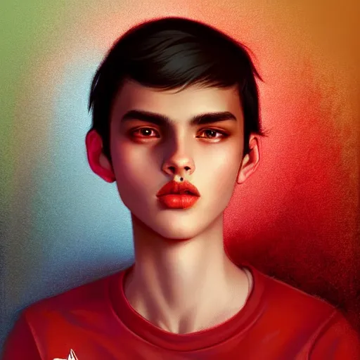 Prompt: colorful and festive captivating teenager with straight short brown hair covering his eye, dark skin, big lips, big eyes, wearing a red t - shirt. rich vivid colors, ambient lighting, dynamic lighting, 4 k, atmospheric lighting, painted, intricate, highly detailed by charlie bowater