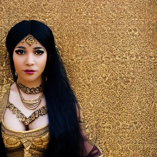 Image similar to aesthetic!!!!!! Portrait photograph of a female genie in Arabic clothing, black skin, long black hair, gold tint, frontal pose, cinematic lighting, silk, fabric, full-length view, 8K, symmetrical balance, in-frame, bokeh!!!!!! Graphex camera, extremely detailed