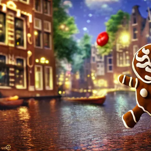 Image similar to a gingerbread man running around amsterdam, smoking weed, 3 d octane render, highly detailed, masterpiece, studio ghibli, amazing composition, hdr, gingerbread man is cute chibi,