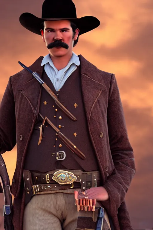 Prompt: highly photorealistic render of young val kimer as wyatt earp from tombstone set against a western town, intricate detail, attention to details, realistic color scheme, volumetric lighting