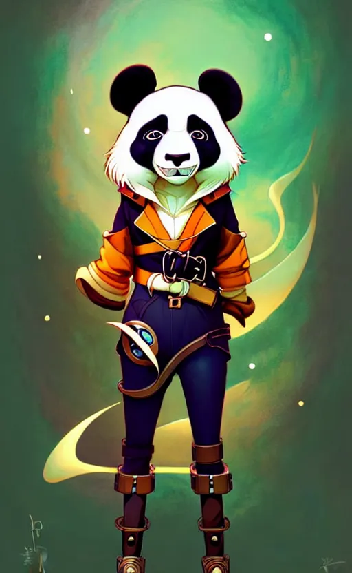 Image similar to don bluth, loish, artgerm, joshua middleton, steampunk, clockpunk anthropomorphic panda, full sailor suit, symmetrical eyes symmetrical face, colorful animation forest background