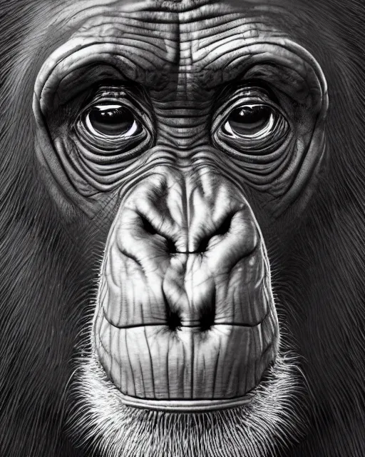 Image similar to very detailed high resolution illustration portrait of a chimpanzee, mystical, 3 d, 8 k, extremely detailed, artstation