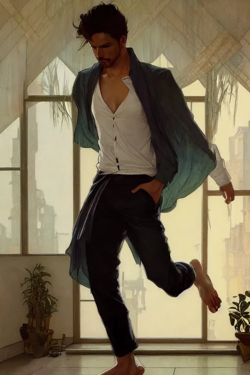 Image similar to full body portrait of a single beautiful young fit man, modern haircut, open shirt, large pants, bare feet, by greg rutkowski and alphonse mucha, d & d character, in front of a modern room background, highly detailed portrait, digital painting, artstation, concept art, smooth, sharp focus ilustration, artstation hq