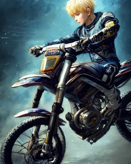 Image similar to beautiful blonde teenage boy wearing cyberpunk intricate streetwear riding dirt bike, beautiful, detailed portrait, cell shaded, 4 k, concept art, by wlop, ilya kuvshinov, artgerm, krenz cushart, greg rutkowski, pixiv. cinematic dramatic atmosphere, sharp focus, volumetric lighting, cinematic lighting, studio quality