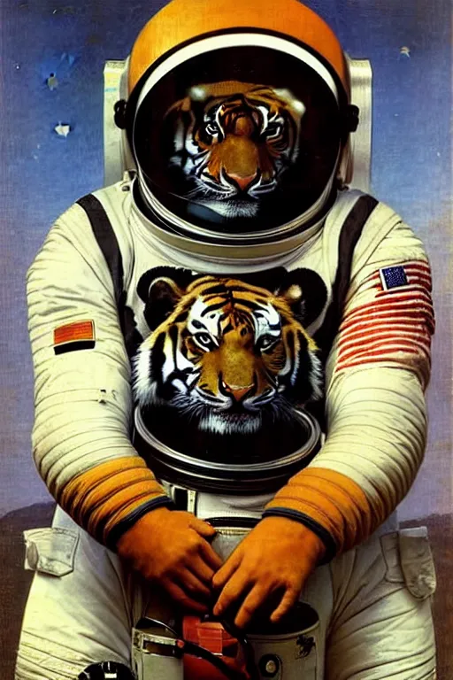 Prompt: portrait of a tiger astronaut with spacesuit and helmet, majestic, solemn, by bouguereau