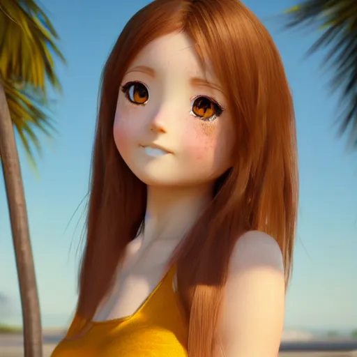 Prompt: Render of a very beautiful 3d anime girl, full body, long hair, hazel eyes, cute freckles, full round face, short smile, cute sundress, golden hour, serene beach setting, cinematic lightning, medium shot, mid-shot, highly detailed, trending on Artstation, Unreal Engine 4k, cinematic wallpaper