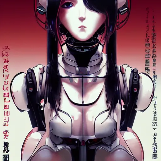 Image similar to A cyborg girl with big and cute red eyes, fine-face, realistic shaded perfect face, fine details. red, black and white robotic parts. Very very anime. Realistic shaded lighting poster by Ilya Kuvshinov katsuhiro otomo ghost-in-the-shell, magali villeneuve, artgerm, Jeremy Lipkin and Michael Garmash, Rob Rey and Kentarõ Miura style, trending on art station