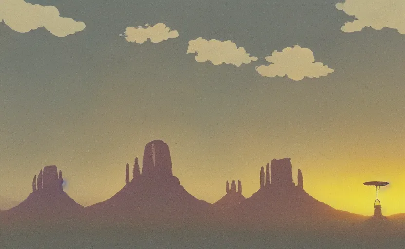 Prompt: a cell - shaded studio ghibli concept art from paprika ( 2 0 0 6 ) of a ufo with lights independence day ( 1 9 9 6 ) sitting on top of a lush temple that looks like monument valley stonehenge jungle on a misty starry night. a giant camel is in the foreground. very dull colors, hd, 4 k, hq