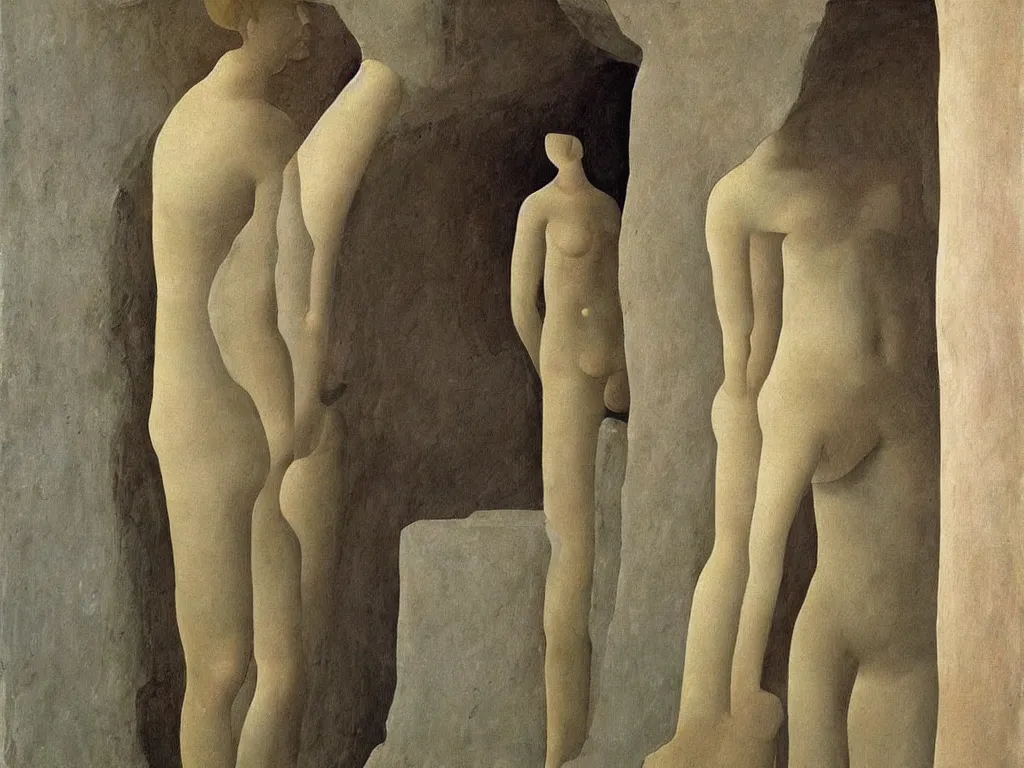 Image similar to Woman transforming into a rock and a flower sculpted by Henri Moore. Textured cavern walls. Fern. Painting by Piero della Francesca, Morandi, Alex Colville