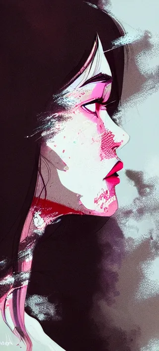 Prompt: profile side view closeup of smoke coming from the lips of a young filipino woman, thick swirling smoke, by conrad roset, long paint brush strokes, dramatic lighting, painting trending on artstation