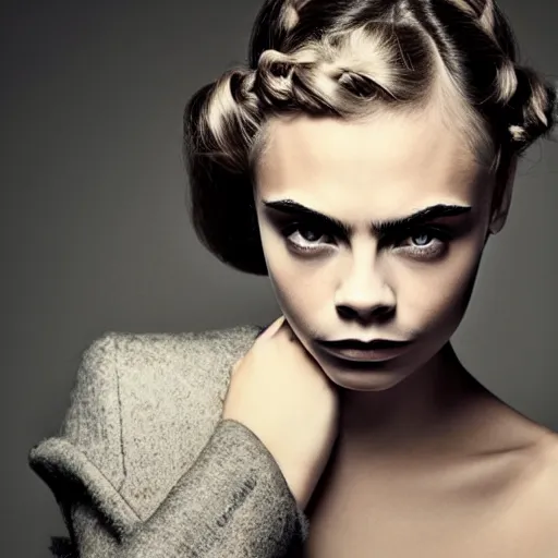 Image similar to photo of a gorgeous 20-year-old Cara Delevingne 1900s hairstyle by Mario Testino, detailed, head shot, award winning, Sony a7R -