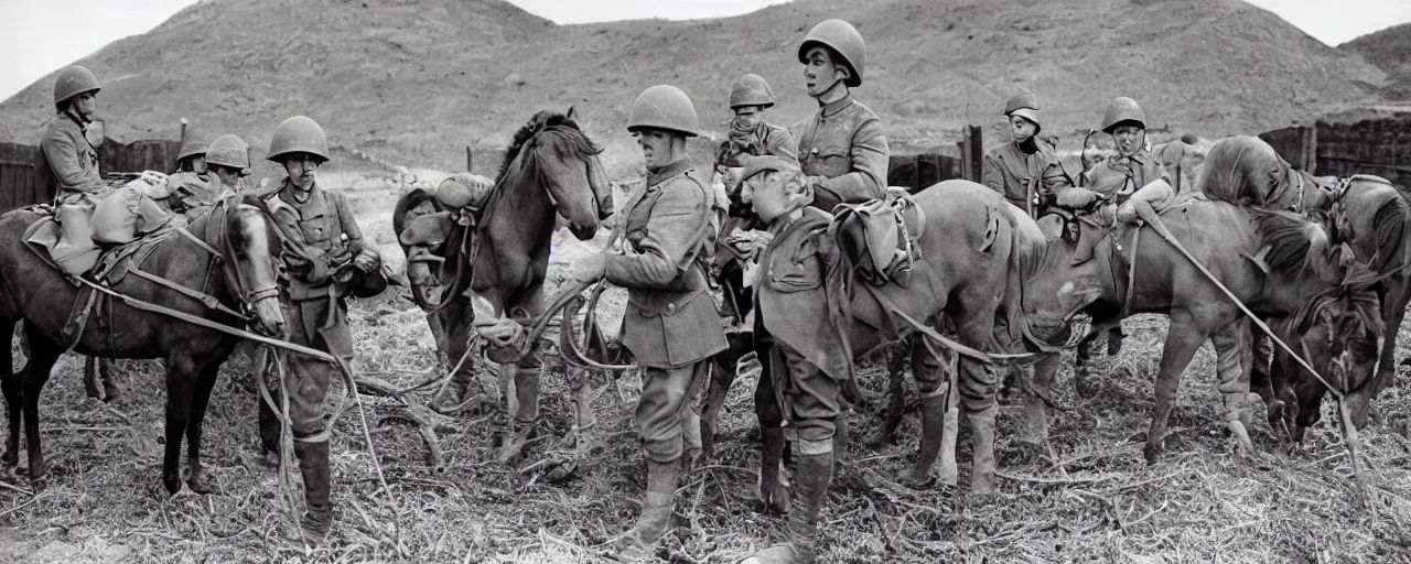 Image similar to soldiers feeding horses spaghetti, world war 1, canon 5 0 mm, kodachrome, in the style of wes anderson, retro