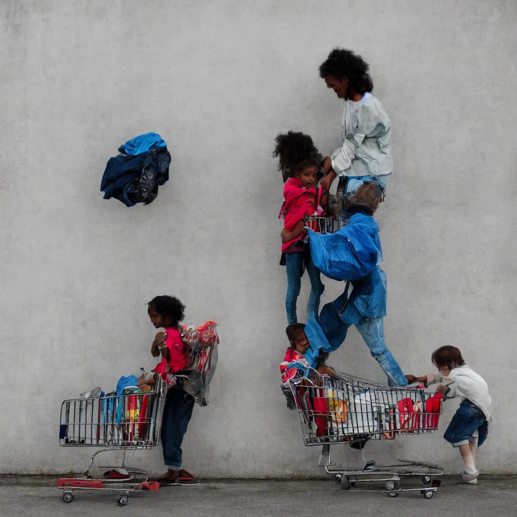 Image similar to homeless mother pushing a shopping cart with a child riding in it, in front of a blank wall, hyperrealistic