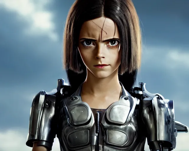 Image similar to a film still from battle angel alita played by actress emma watson, futuristic, cinematic lighting, photorealistic, lifelike, highly detailed, close - up, photorealistic, high resolution