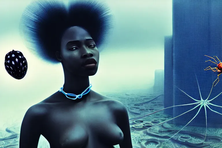 Image similar to realistic detailed photorealistic film portrait shot of a beautiful black woman with a giant spider, sci - fi city landscape background by denis villeneuve, amano, yves tanguy, alphonse mucha, ernst haeckel, andrei tarkovsky, edward robert hughes, roger dean, necklace, dynamic pose, rich moody colours, wide angle, blue eyes