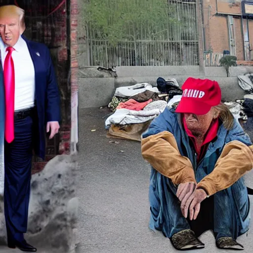 Image similar to donald trump dressed as a homeless man living in the slums