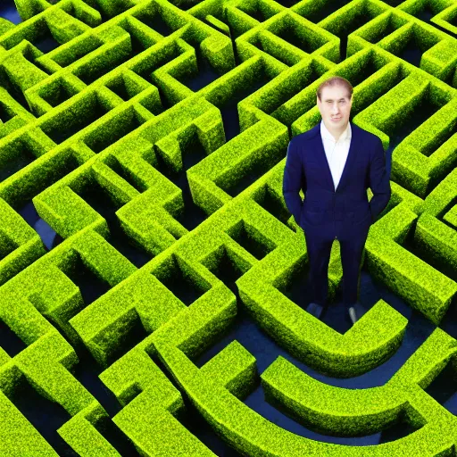 Prompt: A suited man standing in the middle of a maze in the outlined shape of a head, overhead shot, realistic, stylistic