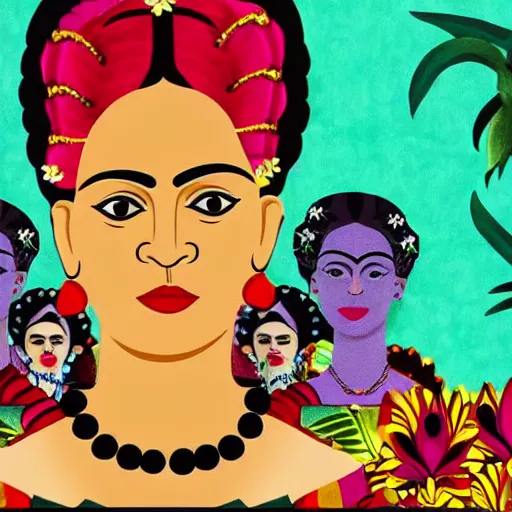 Prompt: latin dance band in the style of frida kahlo. lively. colorful. hd.