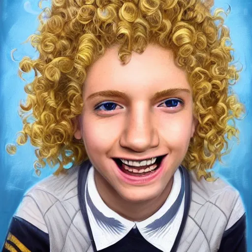 Image similar to close - up portrait a curly blonde hair hufflepuff!! boy age 1 1 years old with grey - blue eyes, cute, smiling!! fantasy, portrait, highly detailed, digital painting, artstation, concept art, sharp focus, illustration, studio photo, studio lighting, art by artgerm and greg rutkowski and magali villeneuve