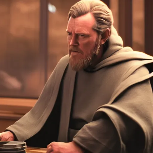 Prompt: Obi Wan! sits at a table with Palpatine! and Drinks tea. Screenshot from Movie, Movie Still, 8k, High Resolution, Highly Detailed