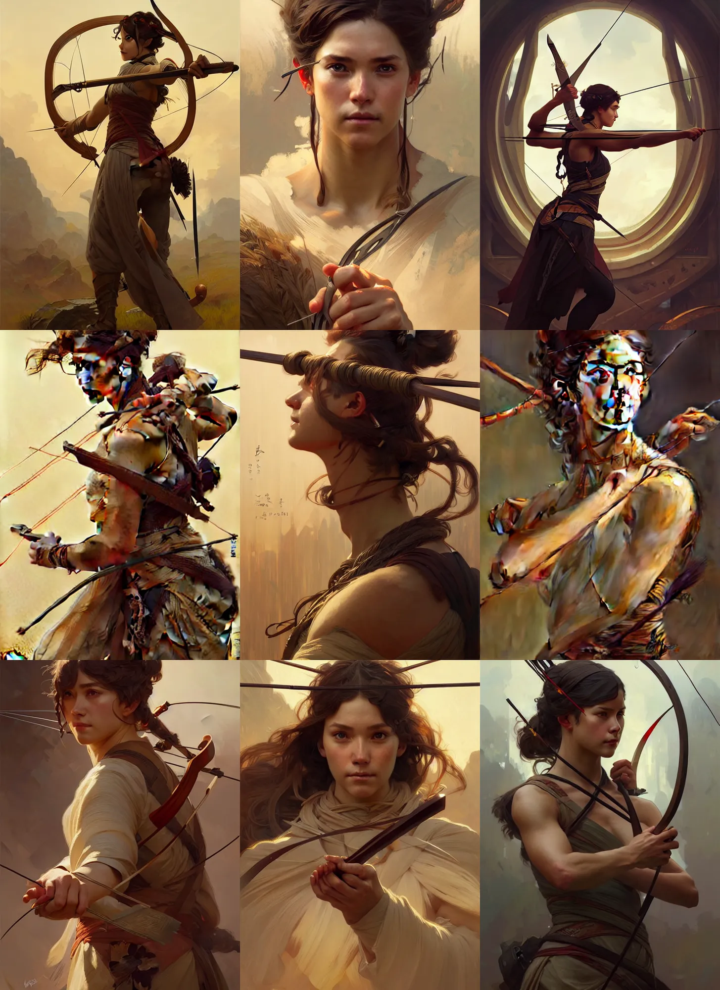 Prompt: portrait of an archer, sharp focus, illustration, highly detailed, digital painting, concept art, matte, art by wlop and artgerm and greg rutkowski and alphonse mucha, masterpiece