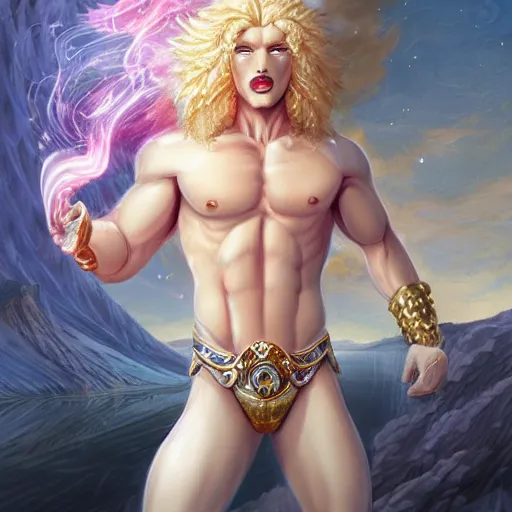 Image similar to aesthetic portrait commission of a albino muscular and attractive anthro lion with mane turning into cosmic smoke while wearing an attractive pastel greek jeweled outfit floating inside a floating greek palace in the clouds, minimalistic art, hyperdetailed. Character design by charlie bowater, ross tran, artgerm, and makoto shinkai, detailed, inked, western comic book art, 2021 award winning painting