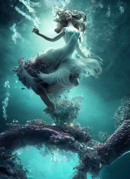 Prompt: beauteous underwater biomechanical incredible hair, crystalline masterpiece incrustations, hyperdetailed face, flippered feet, elegant pose, movie still, intricate, octane render, cinematic forest lighting, cgsociety, unreal engine, crepuscular rays, god rays, caustic shadows lighting