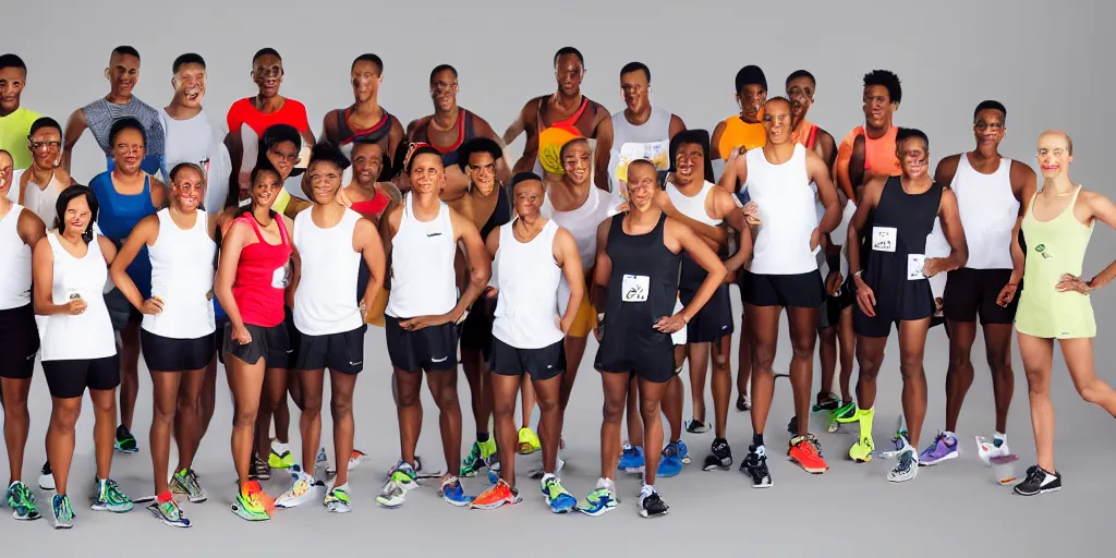 Prompt: Studio Photograph of starting line of many diverse marathon runners. multiple skintones. Warm atmosphere. Beige and black. Frontal. Shot on 30mm Lens. Advertising Campaign. Wide shot. Studio lighting. White background.