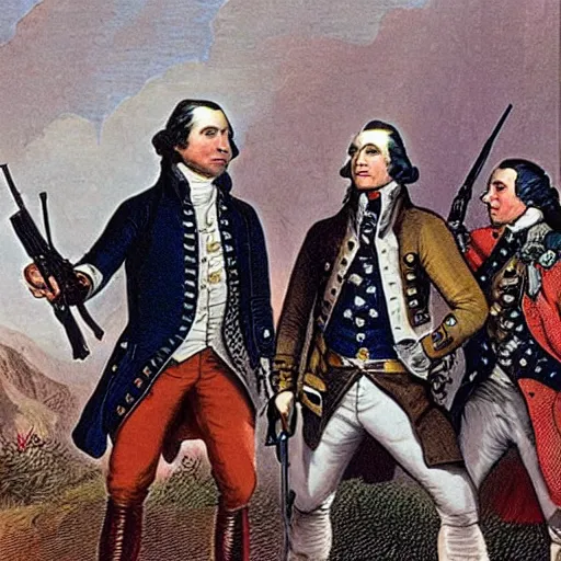 Prompt: joe rogan, george washington, keanu reeves, with ak 4 7 and ar 1 5 s fighting against the redcoats in the revolutionary war