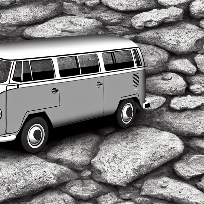 Image similar to ultra - realistic image of an ancient vw bus made of stone