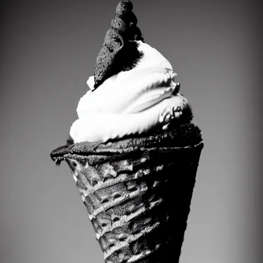 Image similar to a dramatic black-and-white macro photograph of an ice cream cone dressed in formal wear, ready for the banquet. Shallow depth-of-field.