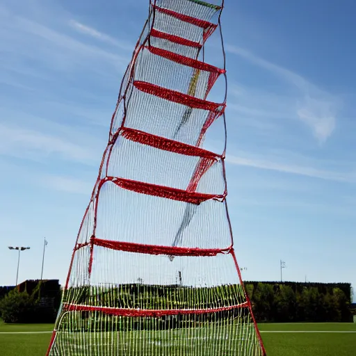 Prompt: a tower of soccer balls one on top of each other reaching the sky.