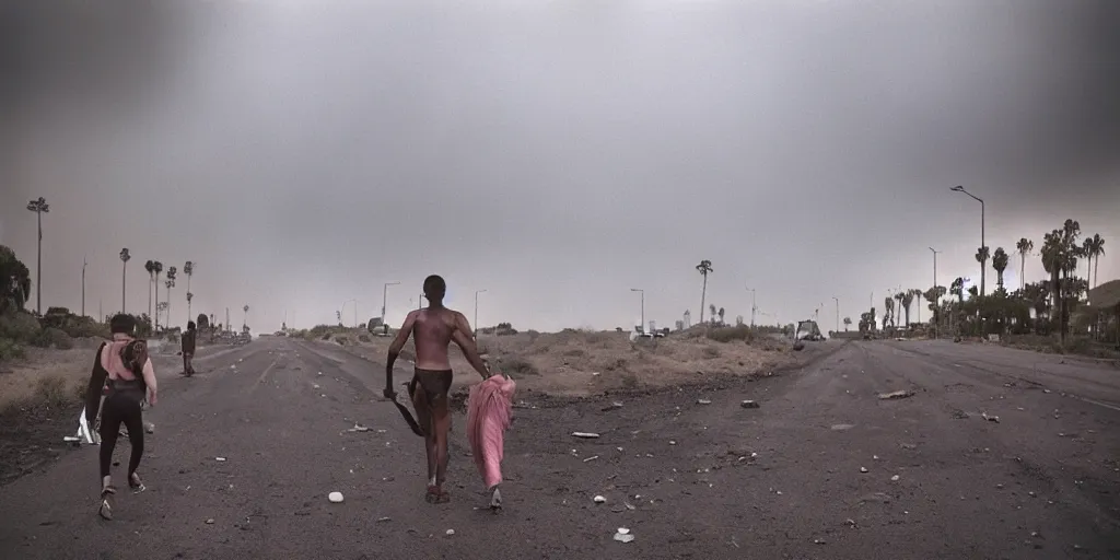 Prompt: realistic photograph of dystopian climate migrants escaping Los Angeles as the earth decays behind them by Scott M Fischer, 8k, misty, dark, dry, Orwellian, vibrant colors, 25mm film grain