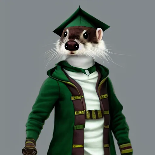 Image similar to a anthropomorphic ferret is dressed as a hogwarts student in slytherin robes, hyperdetailed, artstation, cgsociety, 8 k