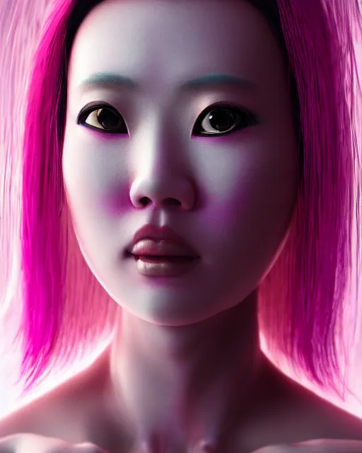 Image similar to portrait of a beautiful asian woman with pink hair as a cyberpunk cyborg half robot, skin open to reveal wires and electronics, sci - fi, missing panels, intricate abstract upper body intricate artwork, concept art, octane render, deviantart, cinematic, key art, hyperrealism, iridescent accents, portrait photograph, nikon 3 5 mm, photograph by greg rutkowski