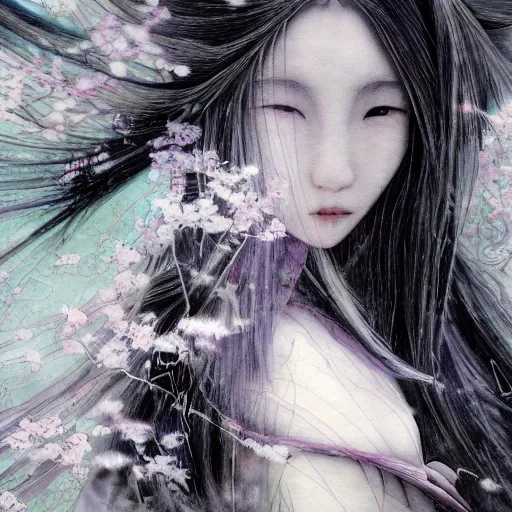 Image similar to yoshitaka amano blurred and dreamy realistic illustration of a japanese young woman with black eyes, wavy white hair fluttering in the wind wearing elden ring armor with engraving, abstract patterns in the background, satoshi kon anime, noisy film grain effect, highly detailed, renaissance oil painting, weird portrait angle, blurred lost edges, three quarter view